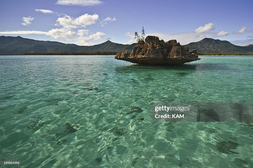 Famous rock on green lagoon in Mauritius