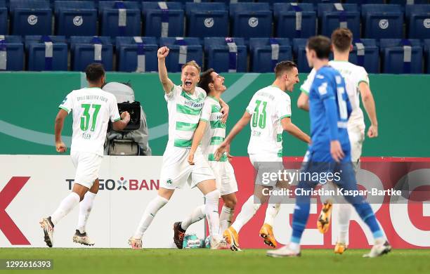 Marco Meyerhofer of SpVgg Greuther Furth celebrates with Sebastian Ernst after scoring their team's second goal during the DFB Cup second round match...