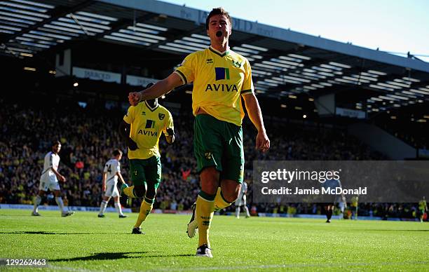 Russell Martin of Norwich City celebrates his goal during the Barclays Premier League match between Norwich City and Swansea City at Carrow Road on...