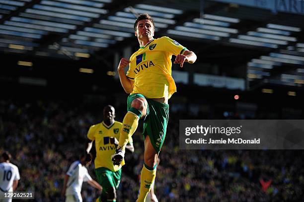 Russell Martin of Norwich City celebrates his goal during the Barclays Premier League match between Norwich City and Swansea City at Carrow Road on...