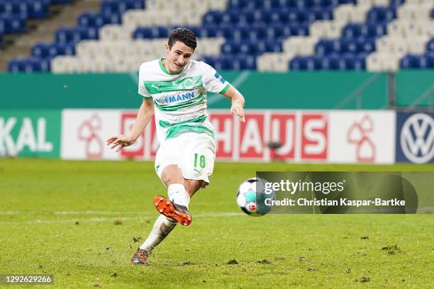 Marco Meyerhofer of SpVgg Greuther Furth scores his sides 9th penalty for victory in the penalty shoot out of the DFB Cup second round match between...