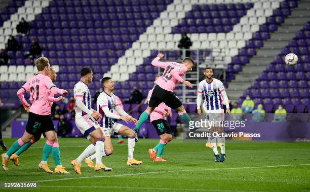 Clement Lenglet of Barcelona scores their team's first goal during the La Liga Santander match between Real Valladolid CF and FC Barcelona at Estadio...