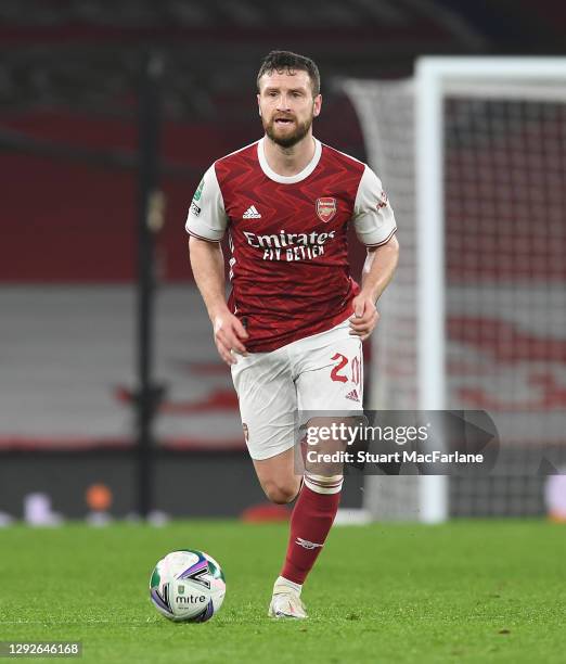 Shkodran Mustafi of Arsenal during the Carabao Cup Quarter Final match between Arsenal and Manchester City at Emirates Stadium on December 22, 2020...