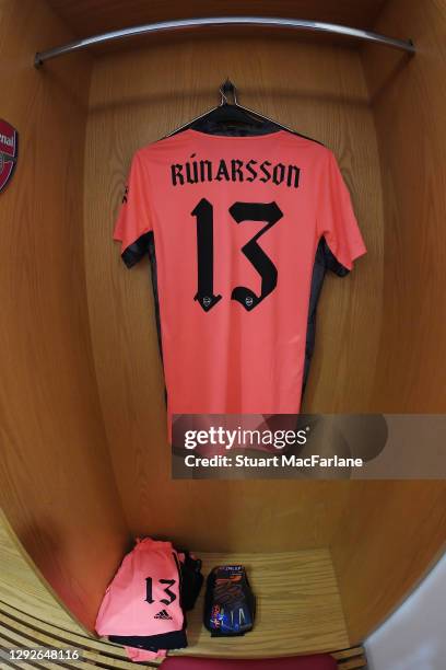 Alex Runarsson's shirt hangs in the Arsenal changing room before the Carabao Cup Quarter Final match between Arsenal and Manchester City at Emirates...