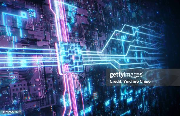 abstract futuristic circuit board - toegevoegde realiteit stockfoto's en -beelden