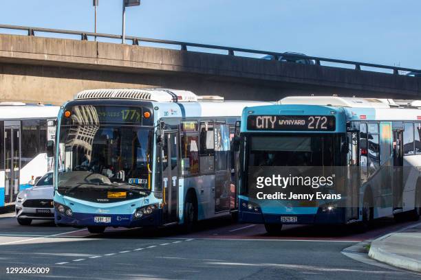 General view of buses arriving at the Wynyard Bus Terminal on December 23, 2020 in Sydney, Australia. Sydney's northern beaches are on lockdown, as a...