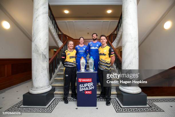 To R, Captains Maddy Green of the Blaze, Lauren Down of the Hearts, Robert O'Donnell of the Aces and Michael Bracewell of the Firebirds pose with the...