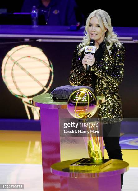 Jeanie Buss, controlling owner and president of the Los Angeles Lakers, speaks during the Lakers 2020 NBA championship ring ceremony before their...