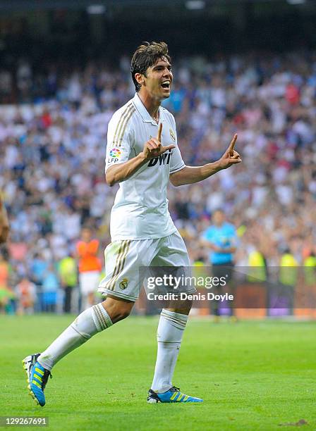 Kaka of Real Madrid celebrates after scoring Real's 2nd goal during the La Liga match between Real Madrid and Real Betis Balompie at Estadio Santiago...