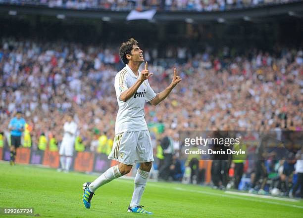 Kaka of Real Madrid celebrates after scoring Real's 2nd goal during the La Liga match between Real Madrid and Real Betis Balompie at Estadio Santiago...