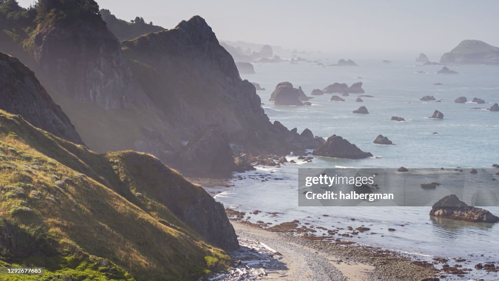 Lone Ranch Beach Aerial View Of The Sea Stacks In Mist At Lone Ranch Beach In Oregon ...