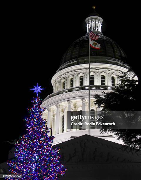 Christmas tree is displayed at the California State Capitol on December 22, 2020 in Sacramento, California. The California Legislature ended the 2020...