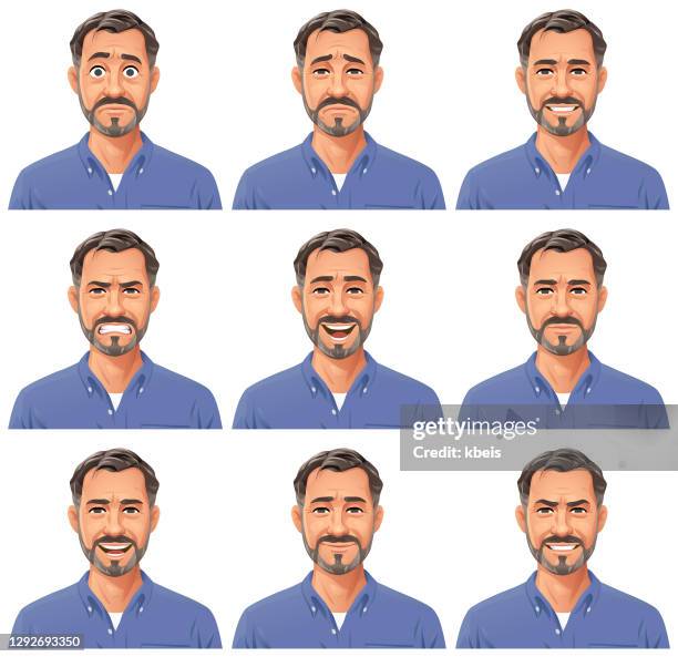 ilustraciones, imágenes clip art, dibujos animados e iconos de stock de hombre maduro con barba retrato- emociones - pelo facial