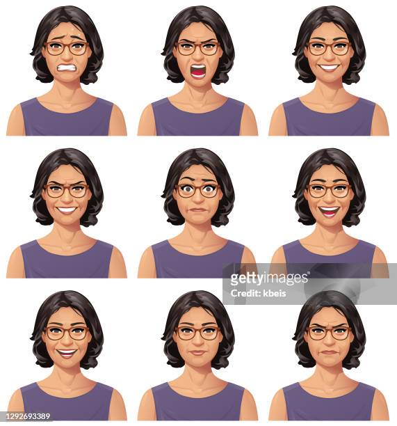 ilustraciones, imágenes clip art, dibujos animados e iconos de stock de mujer con gafas retrato - emociones - personalities faces