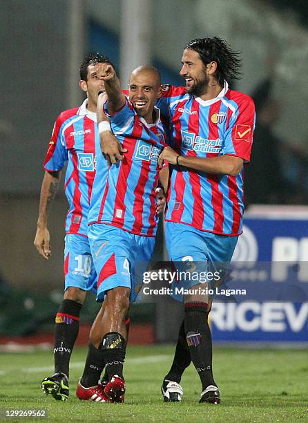 Sergio Almiron of Catania celebrates his team's equalizing goal during the Serie A match between Catania Calcio and FC Internazionale Milano at...