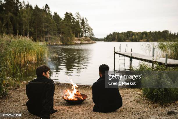 rear view of male friends talking by fire pit against lake - party on the pier stock pictures, royalty-free photos & images