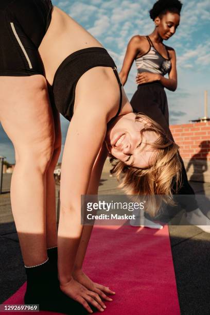 portrait of smiling woman exercising with female friend on rooftop - yoga germany stockfoto's en -beelden