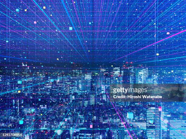 data particle above the city at night in cyber space - big data network foto e immagini stock