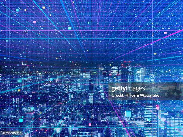 data particle above the city at night in cyber space - vision 2020 個照片及圖片檔