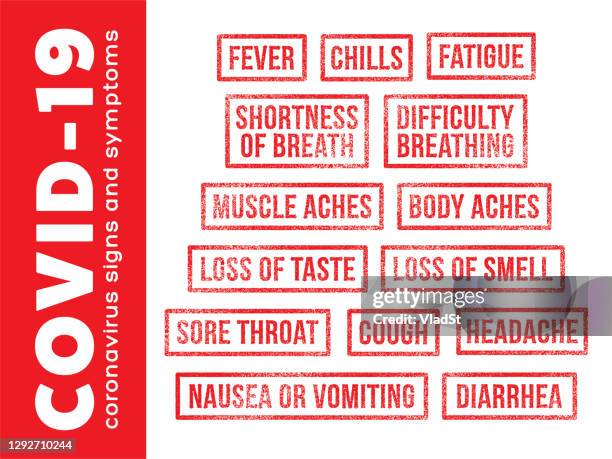 covid-19 symptoms list rubber stamps coronavirus diagnosis - sore throat stock illustrations