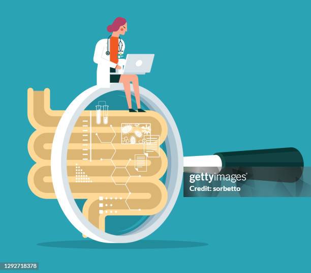 digestive system - magnifying glasss - female doctor - abdomen surgery stock illustrations