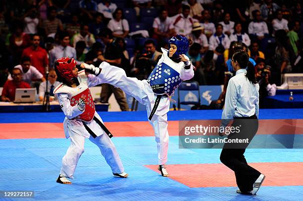 Janet Alegria of Mexico and Johanys Tejeda of the Puerto Rico during the Taekwando women's under 49kg of the 2011 XVI Pan American Games at Code II...