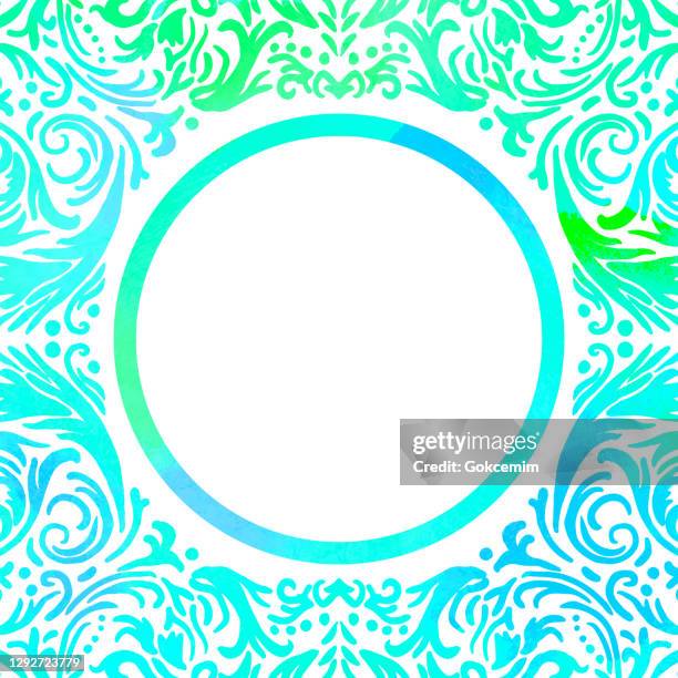 turquoise watercolor hand drawn floral mandala frame. circle green turquoise frame isolated background. geometric watercolor frame invitation card template. floral ring, line art. - aquatic plant stock illustrations