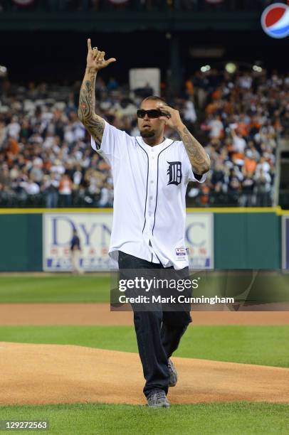 Joel Zumaya of the Detroit Tigers fires up the crowd during a pre-game ceremony before Game Three of the American League Championship Series against...