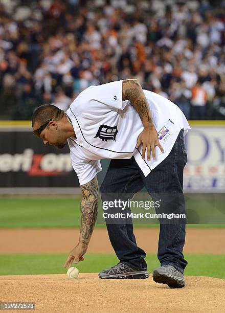 Joel Zumaya of the Detroit Tigers places the game ball on the mound during a pre-game ceremony before Game Three of the American League Championship...