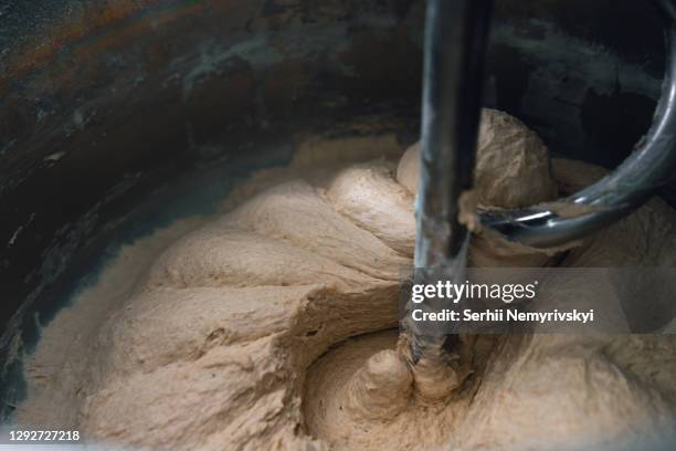 the process of making bread baked goods. kneading dough, flour and water. industrial mixer, automatic. the view is close. copy space - boulangerie industrielle photos et images de collection