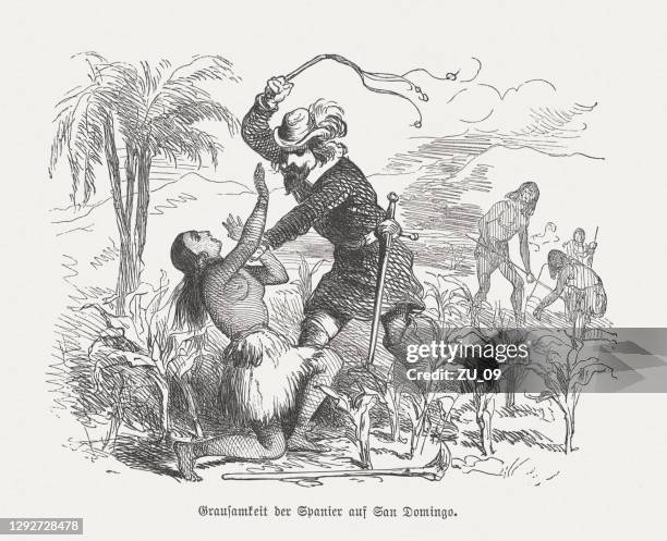 gräueltaten der spanier auf santo domingo, holzschnitt, veröffentlicht 1876 - sklaverei stock-grafiken, -clipart, -cartoons und -symbole
