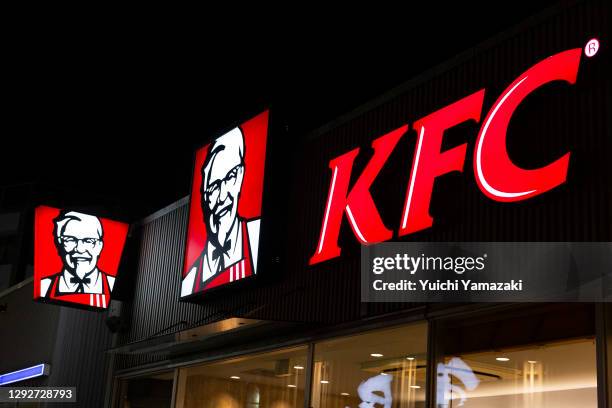 Logo is pictured on December 23, 2020 in Tokyo, Japan. KFC at Christmas has become something of a tradition in Japan with some attributing its...