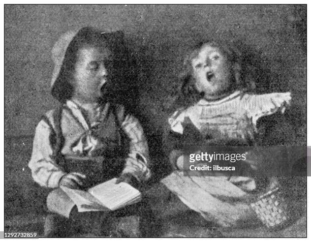 ilustrações de stock, clip art, desenhos animados e ícones de antique dotprinted black and white photograph: children yawning - yawning