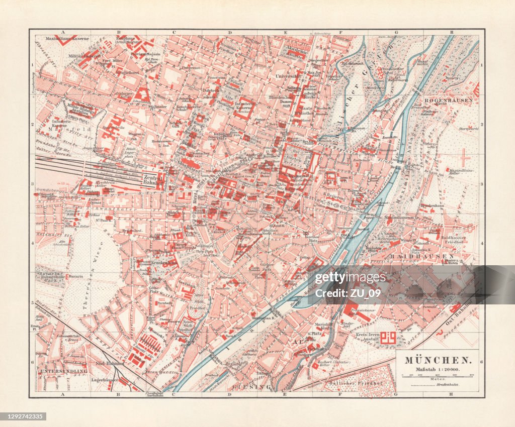 Historical city map of Munich, Bavaria, Germany, lithograph published 1897