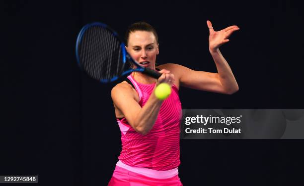 Naomi Broady plays a forehand shot during their round robin match against Jodie Burrage during Day Four of the Battle of the Brits Premier League of...