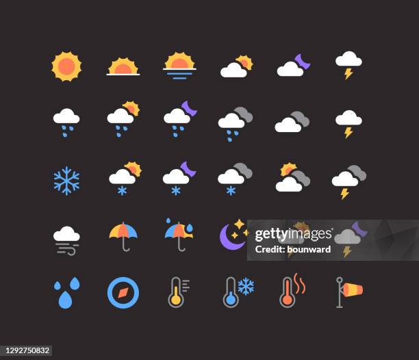 flat weather icon set - lightning storm sunset stock illustrations