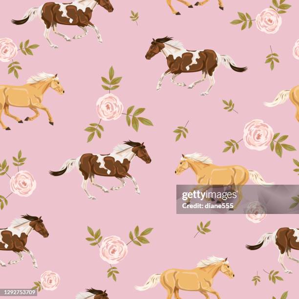 stockillustraties, clipart, cartoons en iconen met naadloze achtergrond van wilde paarden en bloemen - horse