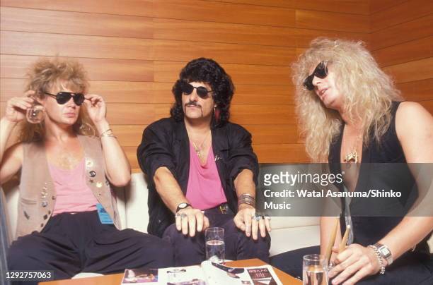 English hard rock supergroup Blue Murder are interviewed for Japanese music magazine 'Music Life' at the Roppongi Prince Hotel, Tokyo, Japan, 23rd...