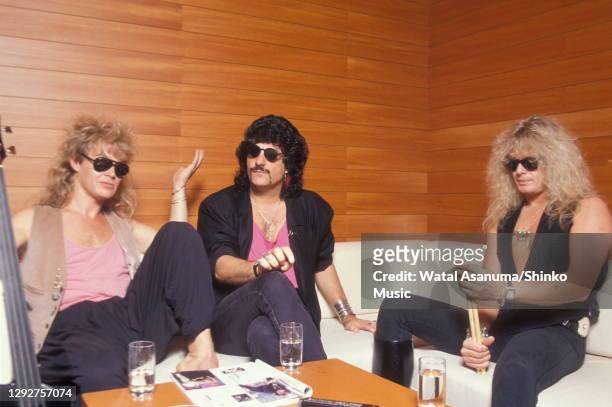 English hard rock supergroup Blue Murder are interviewed for Japanese music magazine 'Music Life' at the Roppongi Prince Hotel, Tokyo, Japan, 23rd...