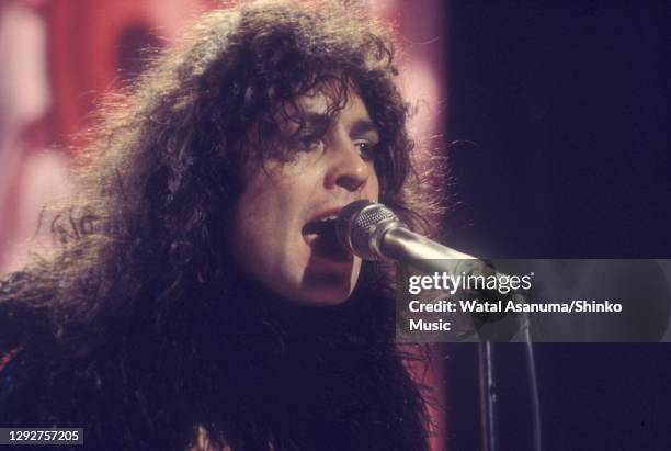 Singer and guitarist Marc Bolan of English glam rock group T Rex performs the group's single '20th Century Boy' on the BBC music television show 'Top...