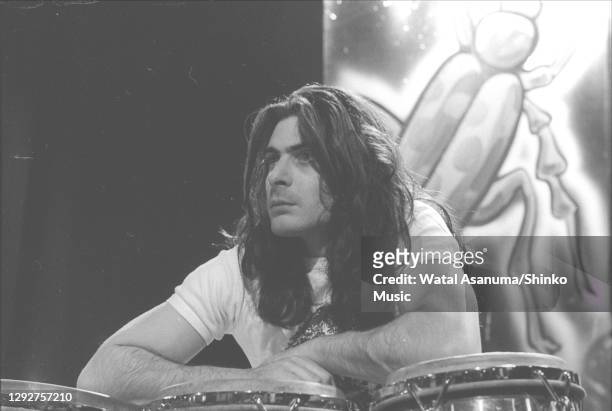 Percussionist Mickey Finn of English glam rock group T Rex performs the group's single '20th Century Boy' on the BBC music television show 'Top of...