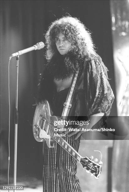 Singer and guitarist Marc Bolan of English glam rock group T Rex performs the group's single '20th Century Boy' on the BBC music television show 'Top...