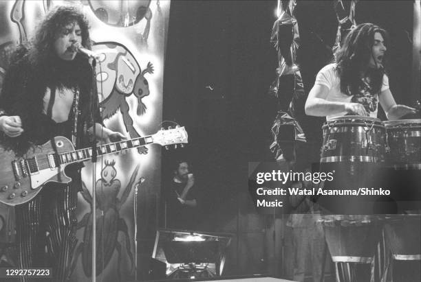 Singer and guitarist Marc Bolan and percussionist Mickey Finn of English glam rock group T Rex perform the group's single '20th Century Boy' on the...