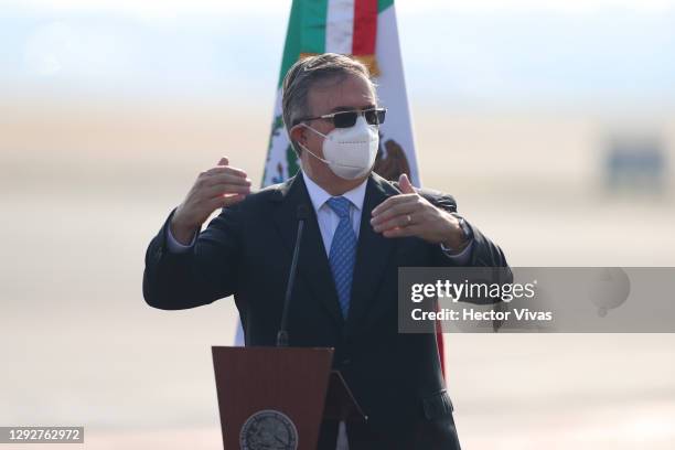 Marcelo Ebrard, Secretary of Foreign Affairs speaks during the arrival of the first batch of the Pfizer-BioNTech Covid-19 vaccine at Benito Juarez...