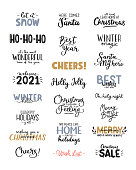 Christmas and Happy New Year lettering set. Hand drawn holiday quotes and phrases. Vector illustration.