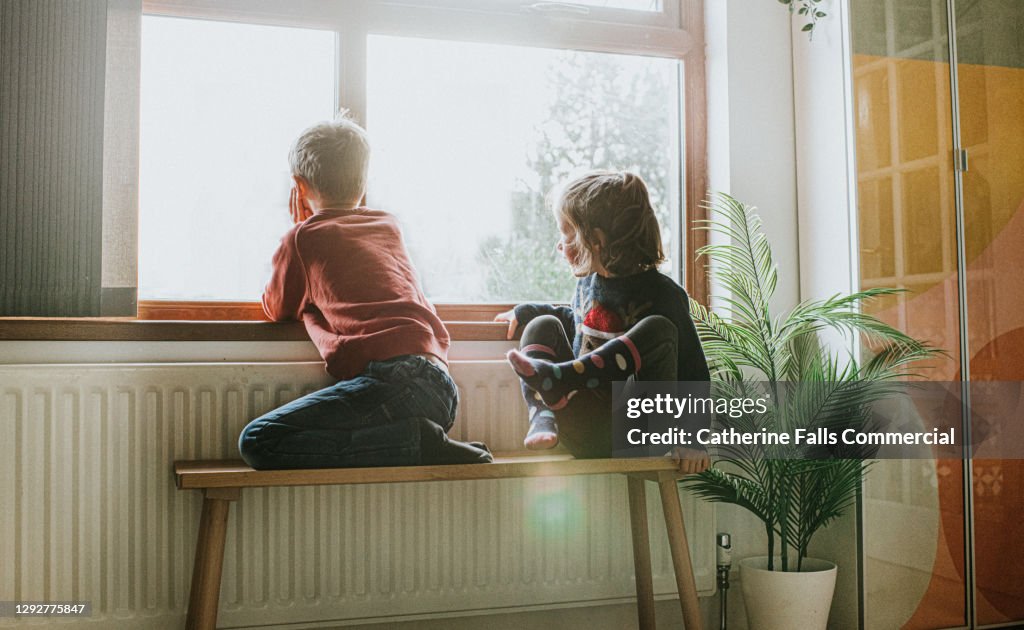 Young Girl and Boy sit on a Bench by a Sunny Window and Gaze out