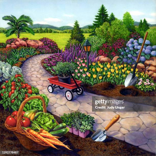 garden path - garden square stock illustrations