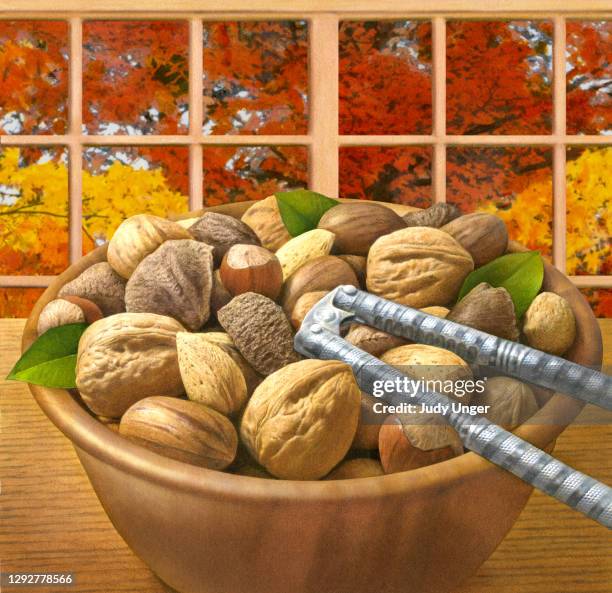 mixed nuts near window - cracked window stock illustrations