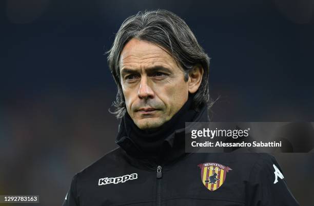 Filippo Inzaghi head coach of Benevento Calcio looks on during the Serie A match between Udinese Calcio and Benevento Calcio at Dacia Arena on...
