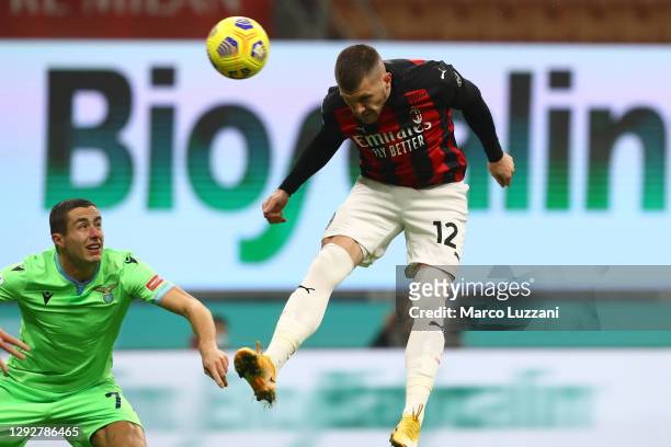 Ante Rebic of AC Milan scores their sides first goal during the Serie A match between AC Milan and SS Lazio at Stadio Giuseppe Meazza on December 23,...